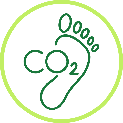 Green footprint symbol with "CO2" text, enclosed in a yellow circle.