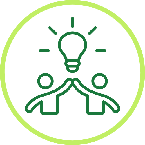Two figures joining hands under a light bulb symbolising collaboration and ideas.