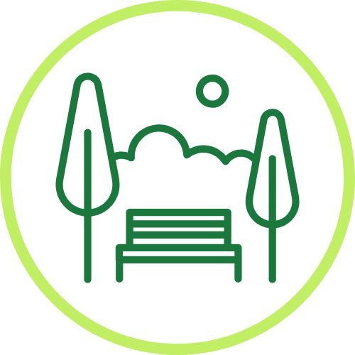 Line drawing of a park with a bench, trees, and a sun.
